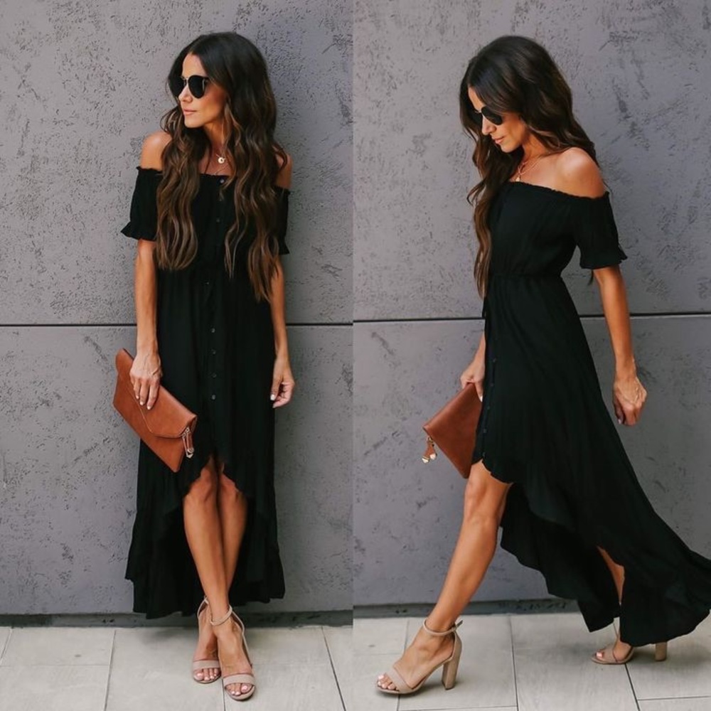 Vici Off The Shoulder High Low Ruffle Maxi Dress - Black -